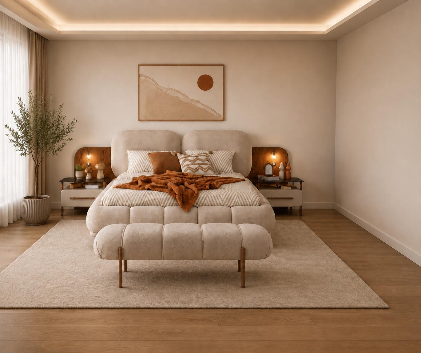 Schlafzimmer Set Bett Bettbank Modern Beige Warm Behaglich Gemütlich