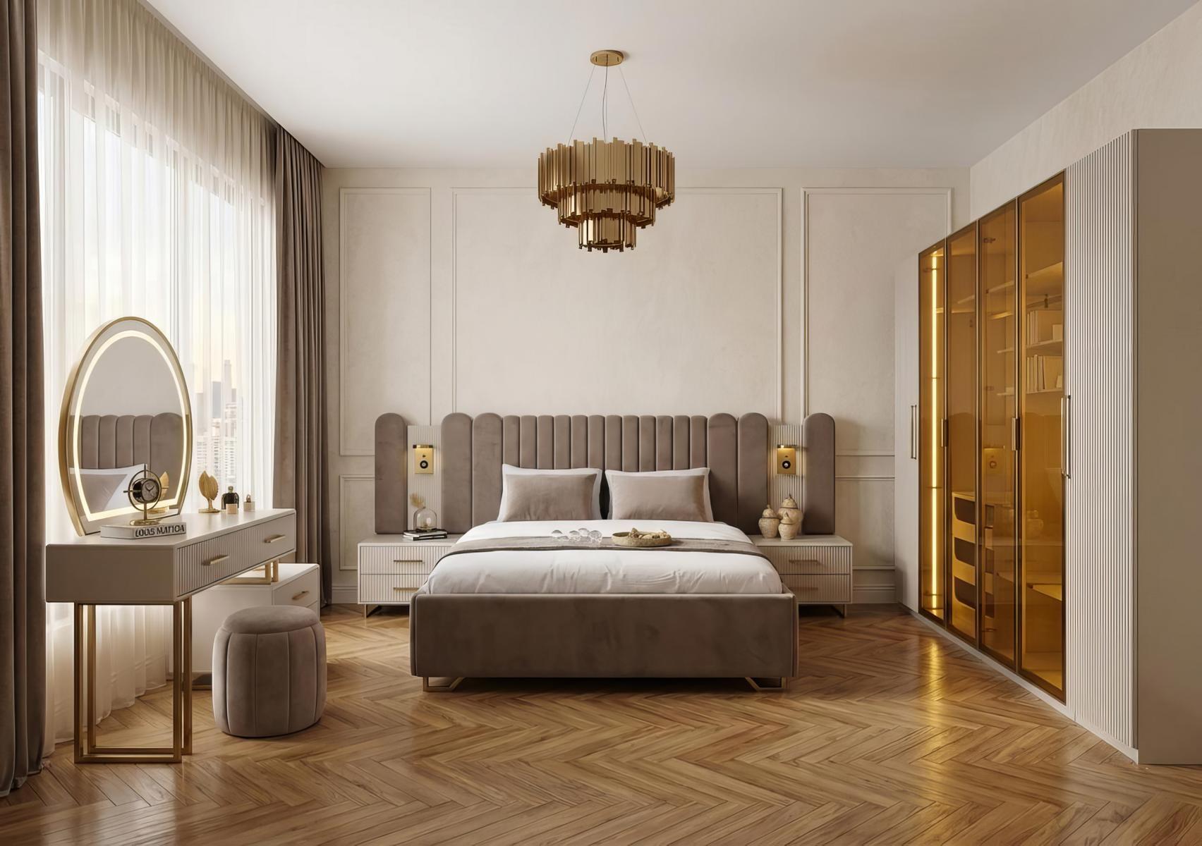 Schlafzimmer Set Bett Schrank Frisiertisch Spiegel Hocker Beige Edel