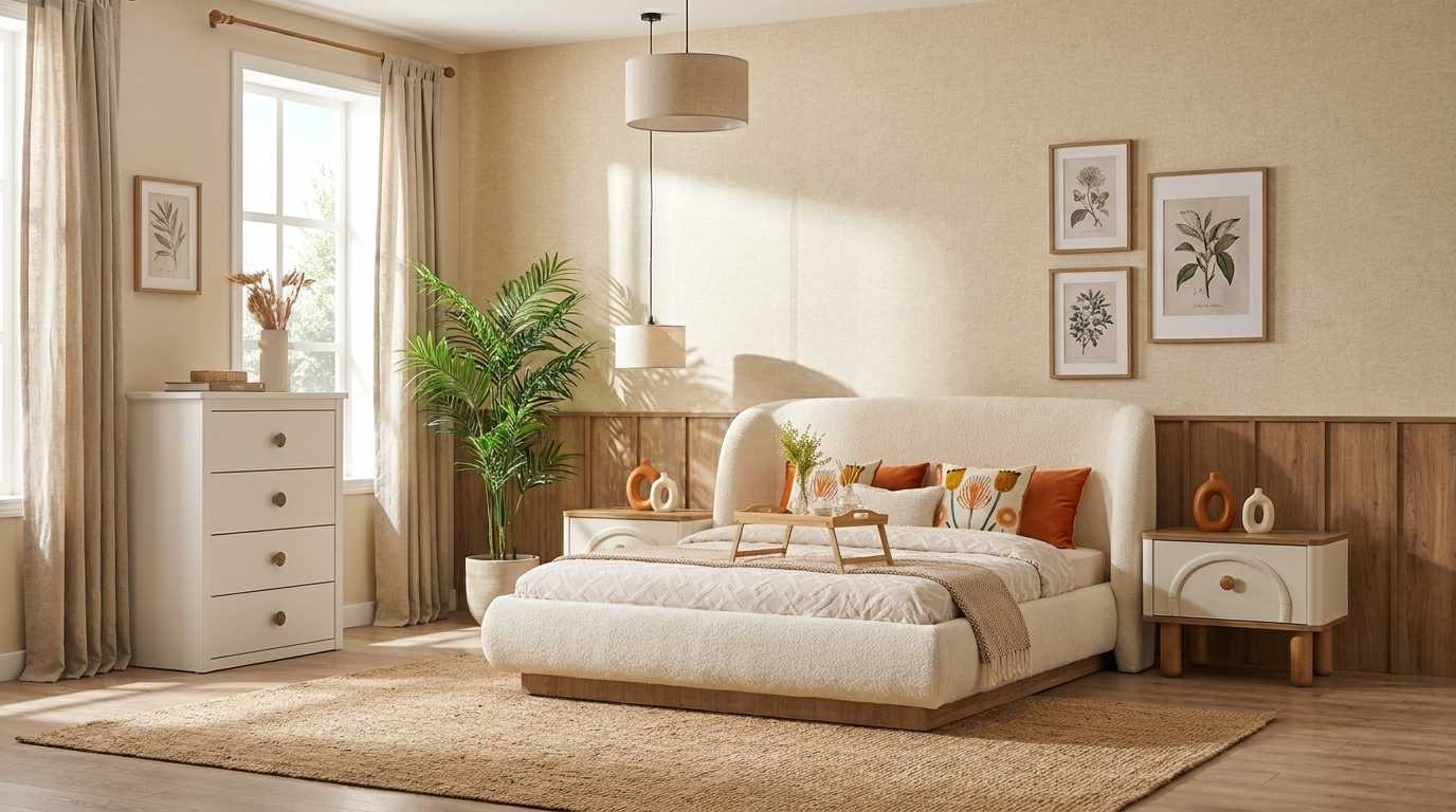 Schlafzimmer Set Beige Modern Luxus Bett Nachttisch Kommode 4-Tlg