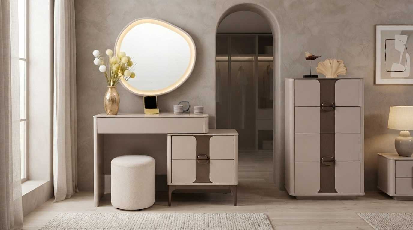 Schlafzimmer Set Beige Modern Luxus Kommode Spiegel Hocker Schrank