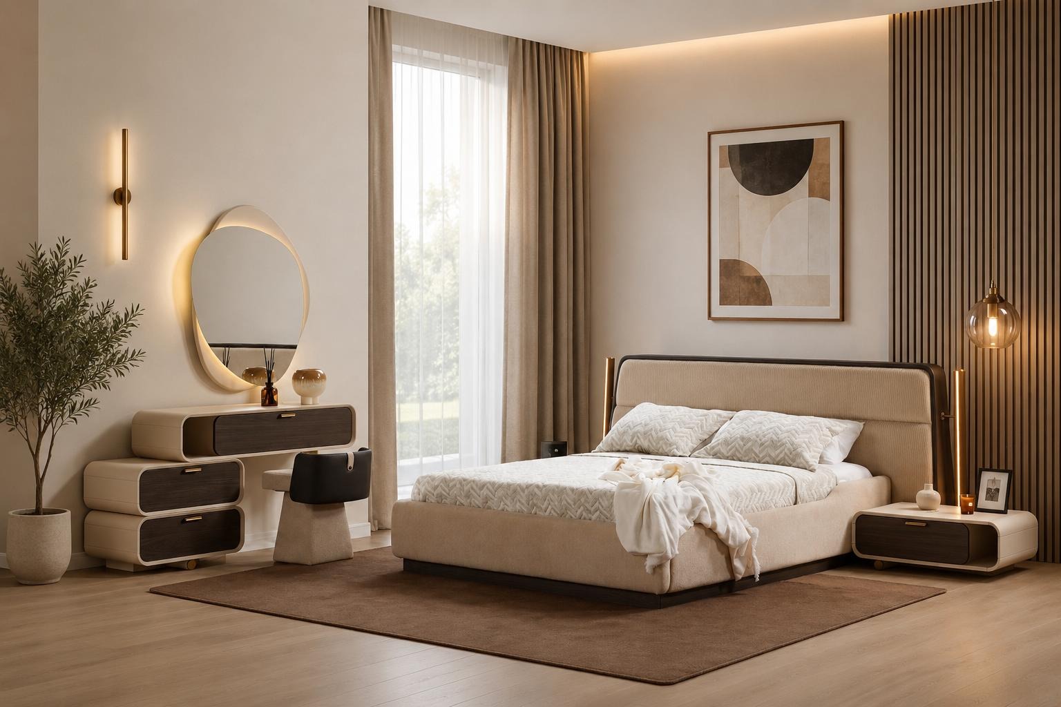 Schlafzimmer Set Bettanlage Schminkplatz Modern Beige Komfortabel