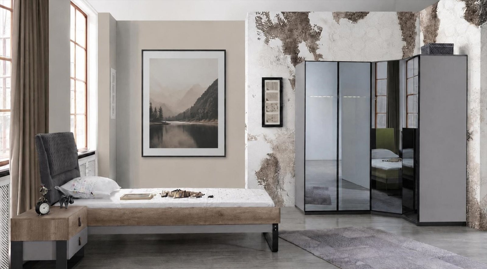Schlafzimmer Set Bett Kleiderschrank Nachttisch Grau Design