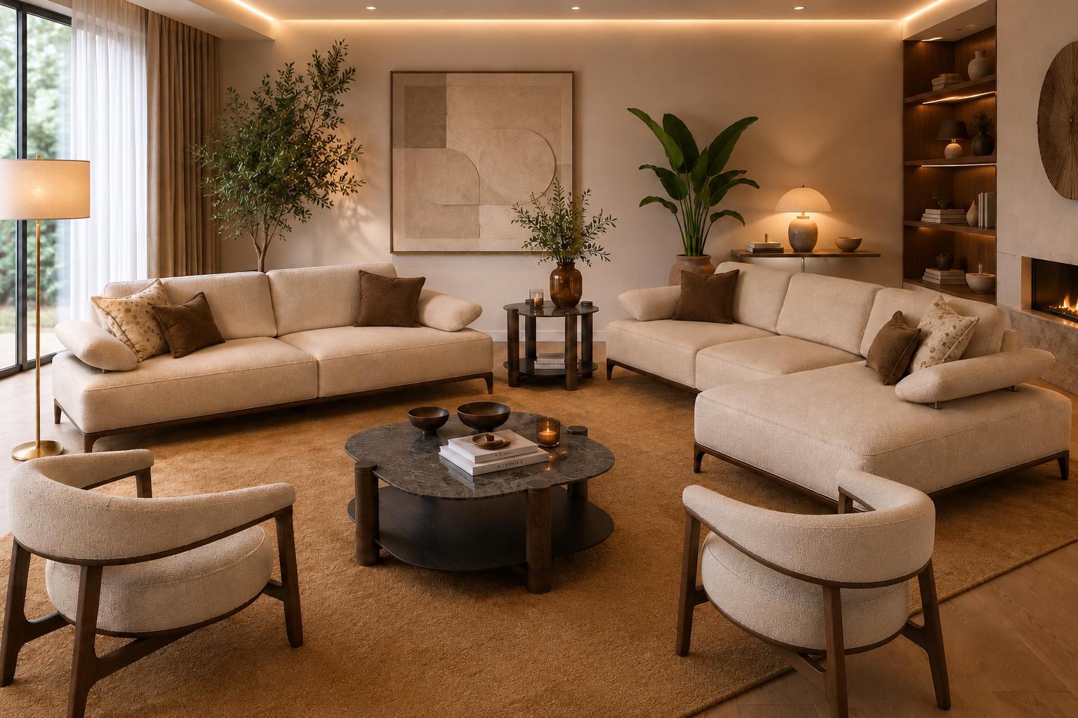 Elegante Beige Wohnzimmer Polstergarnitur Ecksofa 2x Sessel 3-Sitzer