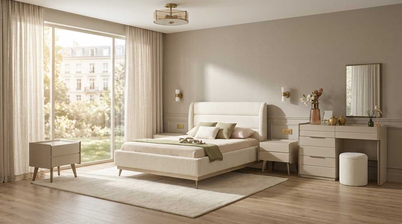 Schlafzimmer Set Beige Modern Luxus Bett Kommode Spiegel Hocker