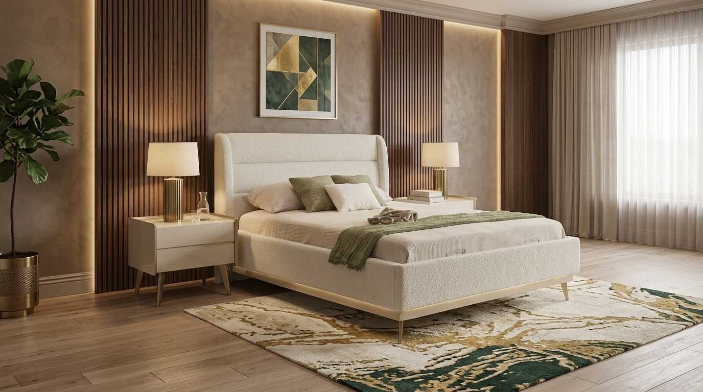 Schlafzimmer Set Beige Modern Luxus Bett Nachttische Nachtkonsole