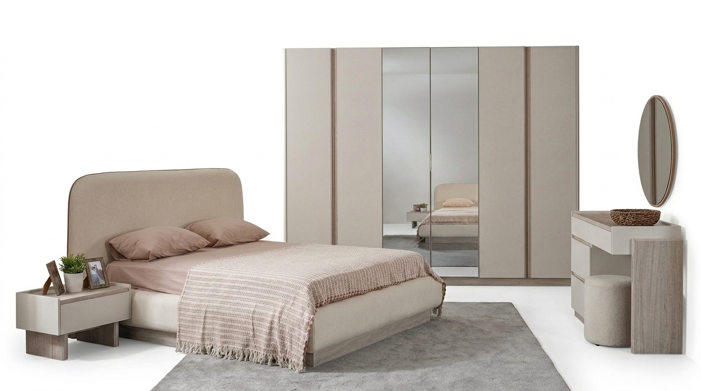 Luxuriöses Doppelbett Kleiderschrank Spiegel Beiges Schlafzimmer Set