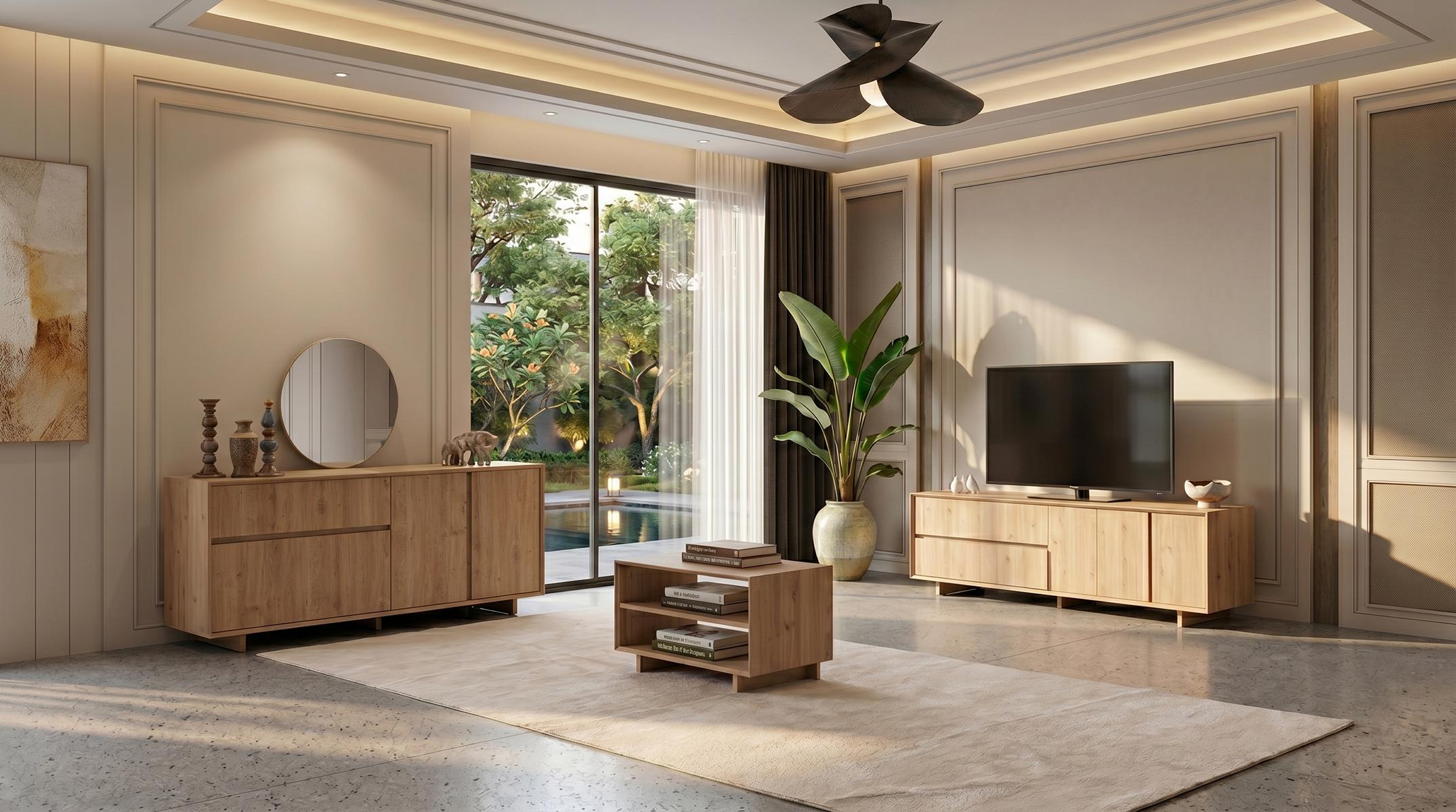 Stilvolles braunes Wohnzimmer-Set TV-Schrank Couchtisch Konsole Spiegel