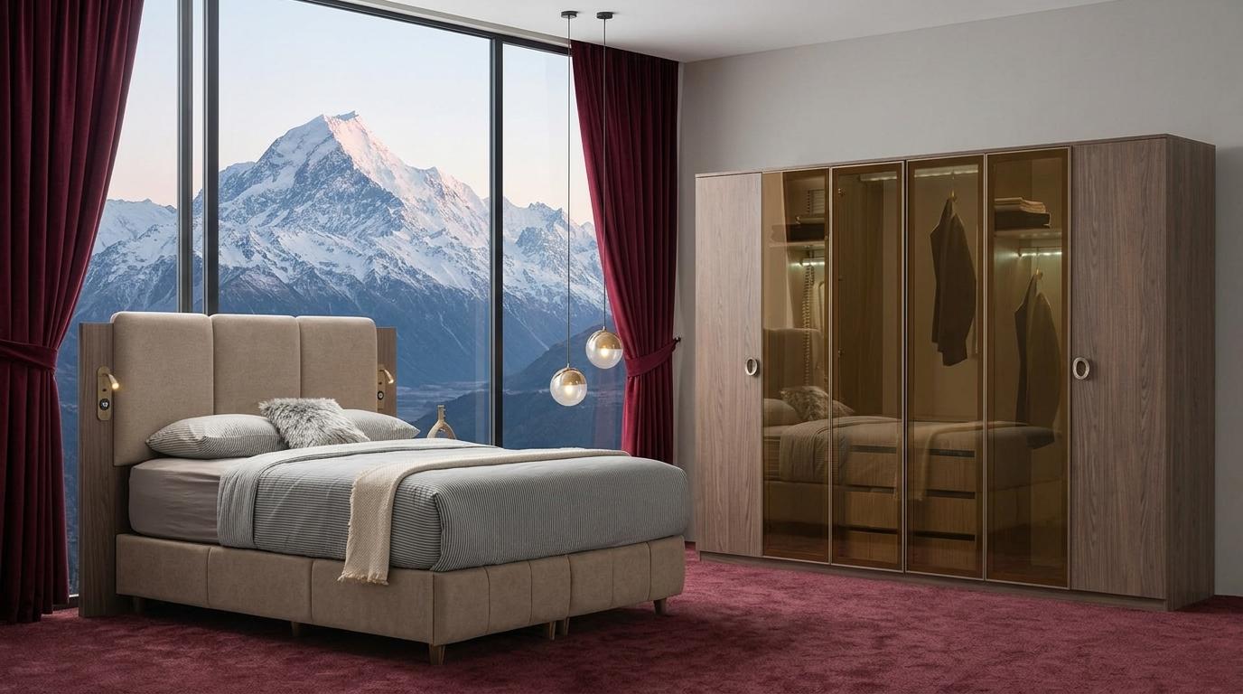 Elegantes Schlafzimmer Ensemble Beige Bett Kleiderschrank Textil
