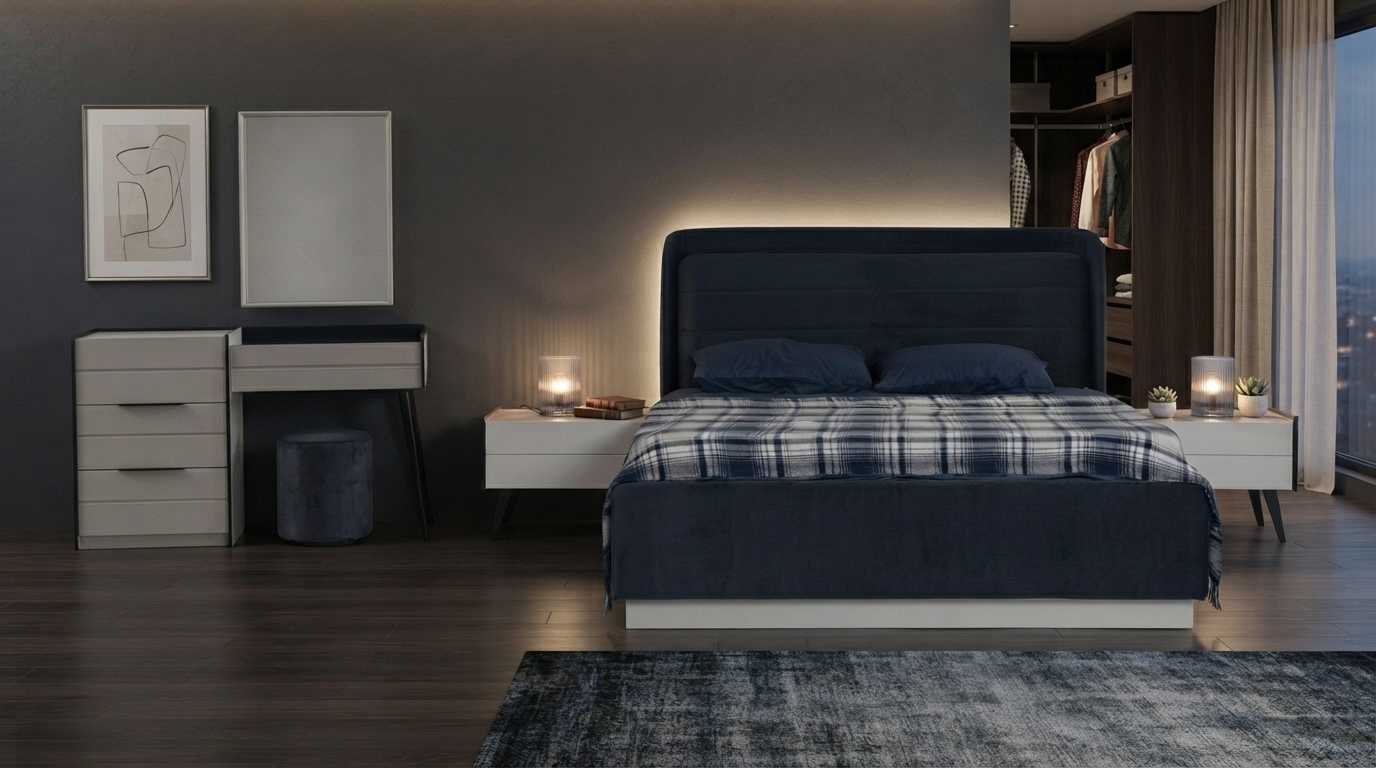 Schlafzimmer Set Bett Nachttische Spiegel Modern Blau Beige Edel