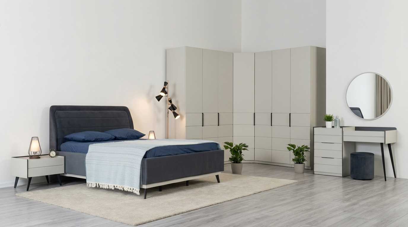 Schlafzimmer Set Bett Nachttisch Eckschrank Modern Blau Beige Edel