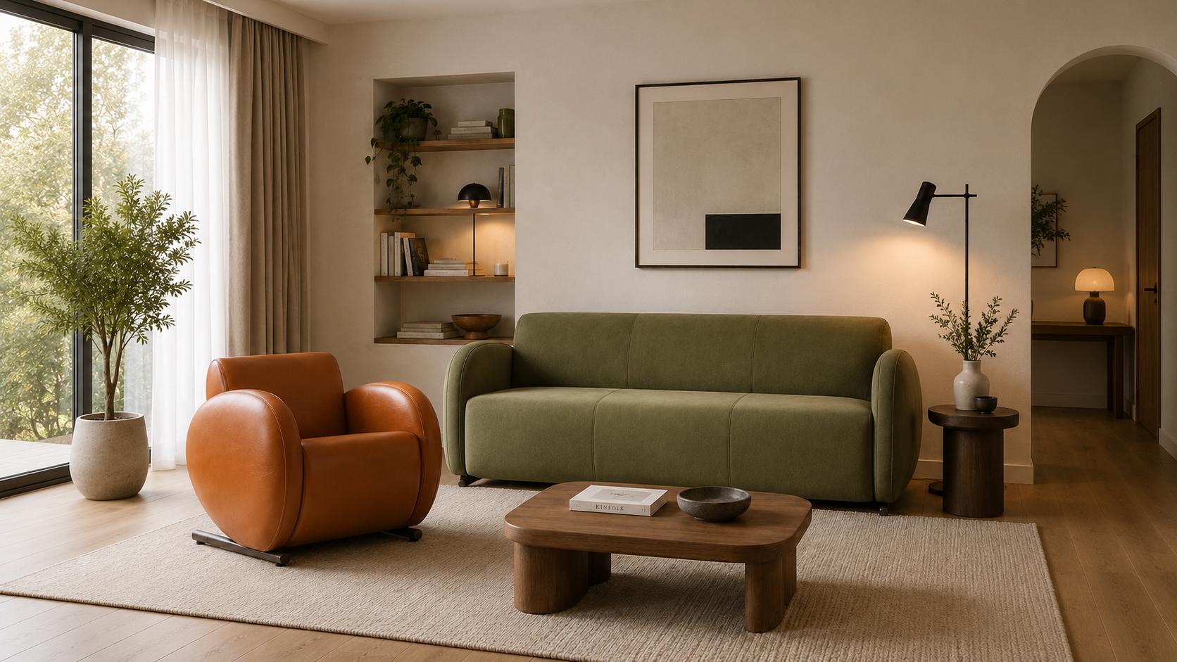 Grünes Stoffsofa Oranger Ledersessel Wohnzimmer Set Modern Elegant