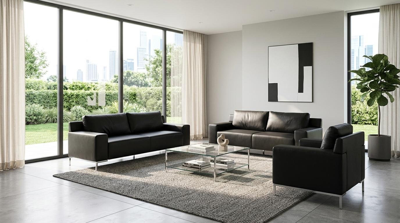 Sofa Set Dreisitzer Sofa Sessel Kunstleder Modern Elegant Schwarz