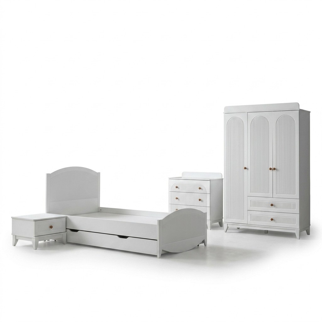 4tlg. Kinderzimmer Set Bett Nachttisch Kommode und Kleiderschrank