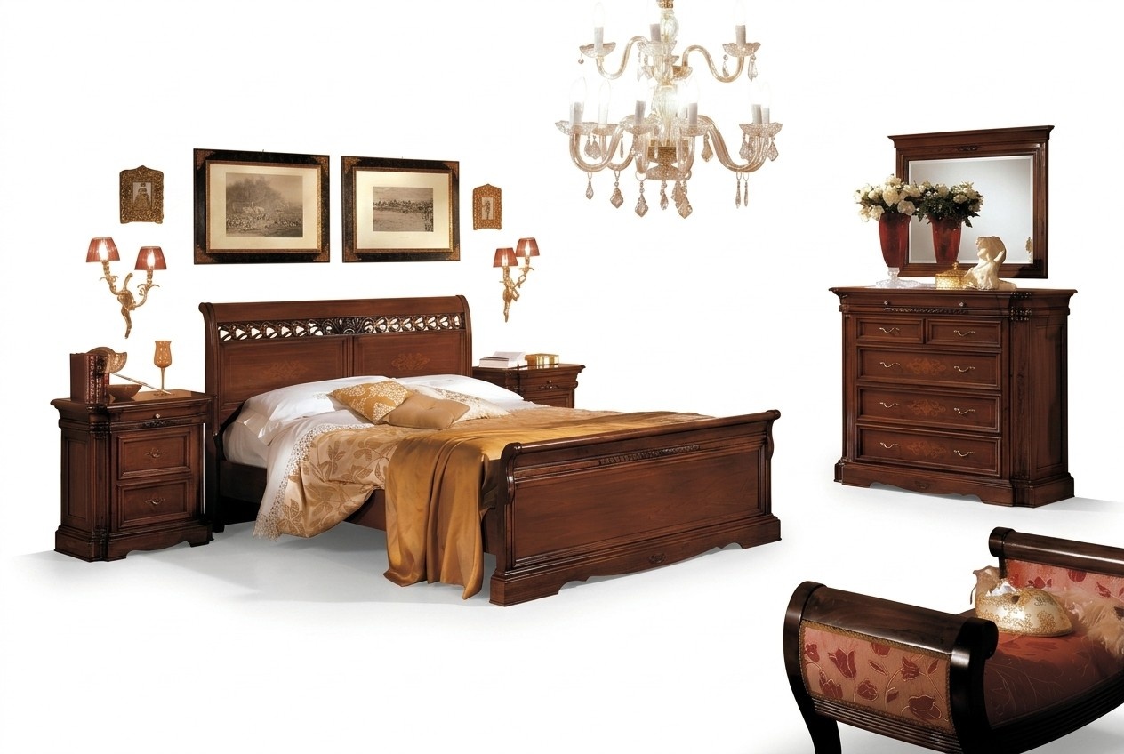 5tlg.Set Schlafzimmermöbel Bett 2 Nachttische Kommode mit Spiegel Braun Neu