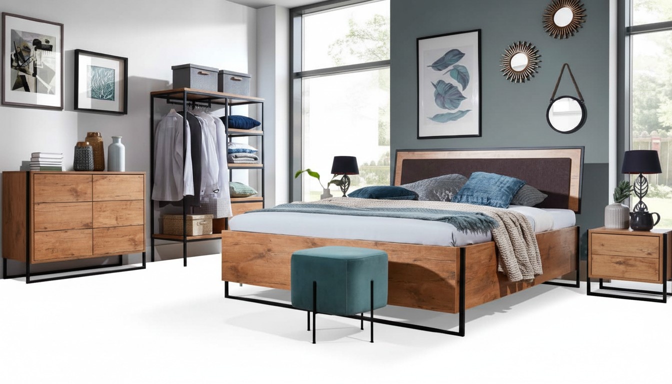 5 tlg. Komplett Set Holz Schlafzimmer Loft Stil Design Bett Kommode Schrank Neu