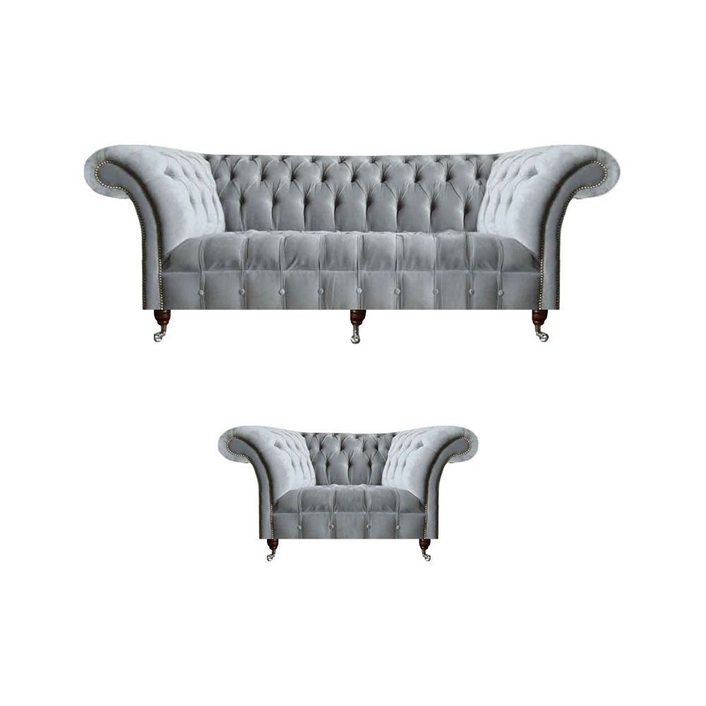 Komplette Graue Chesterfield Sitzmöbel Edler Lenhsessel 3-Sitzer Couch