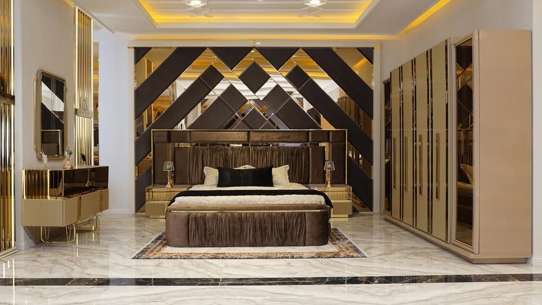 Luxus Schlafzimmer Bett Bank 2x Nachttische Kleiderschrank Kommode Spiegel