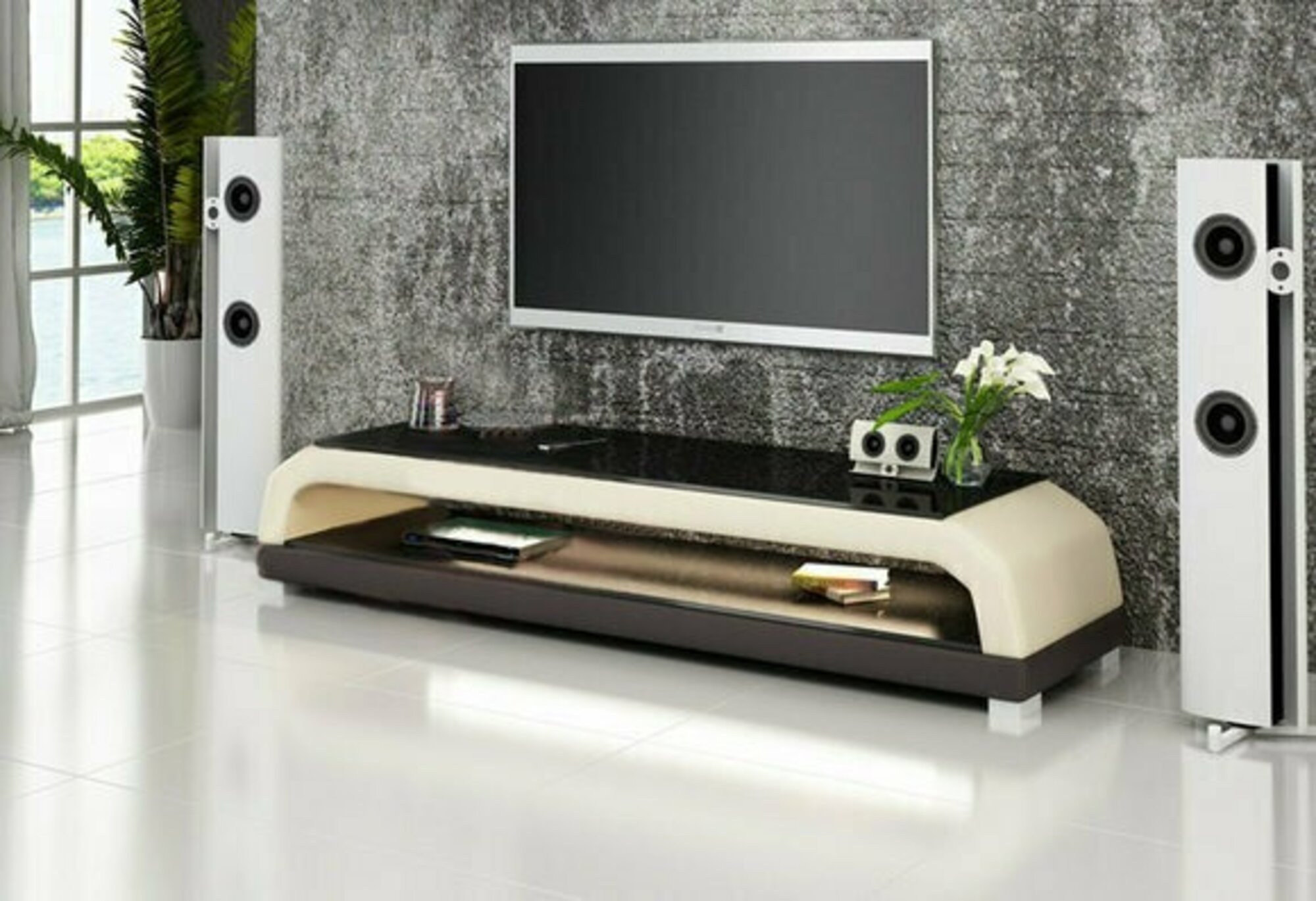 RTV TV Sideboard Leder Glas Tisch Fernseh Schrank Tisch Designer Neu