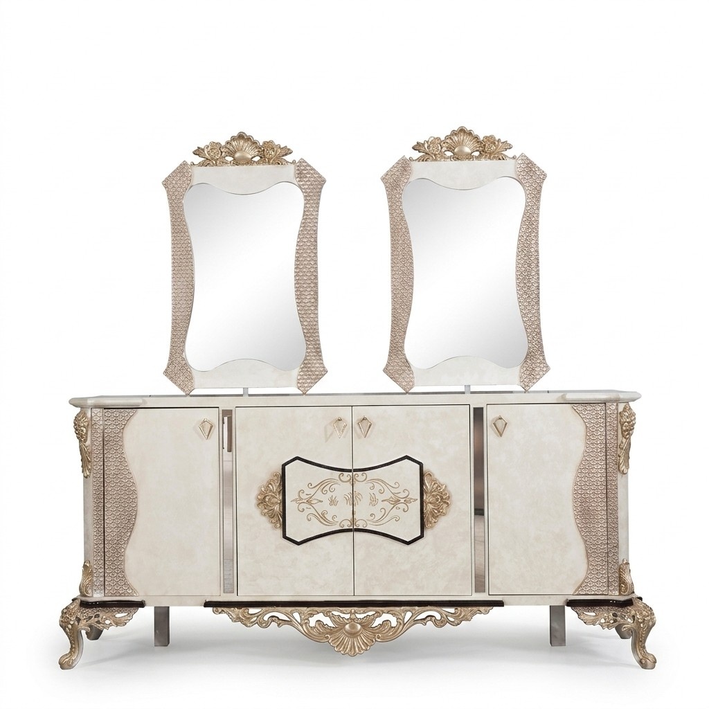 Anrichte mit Spiegel Garnitur Ess Barock Kommoden Holz Kommode Holz Schrank Neu