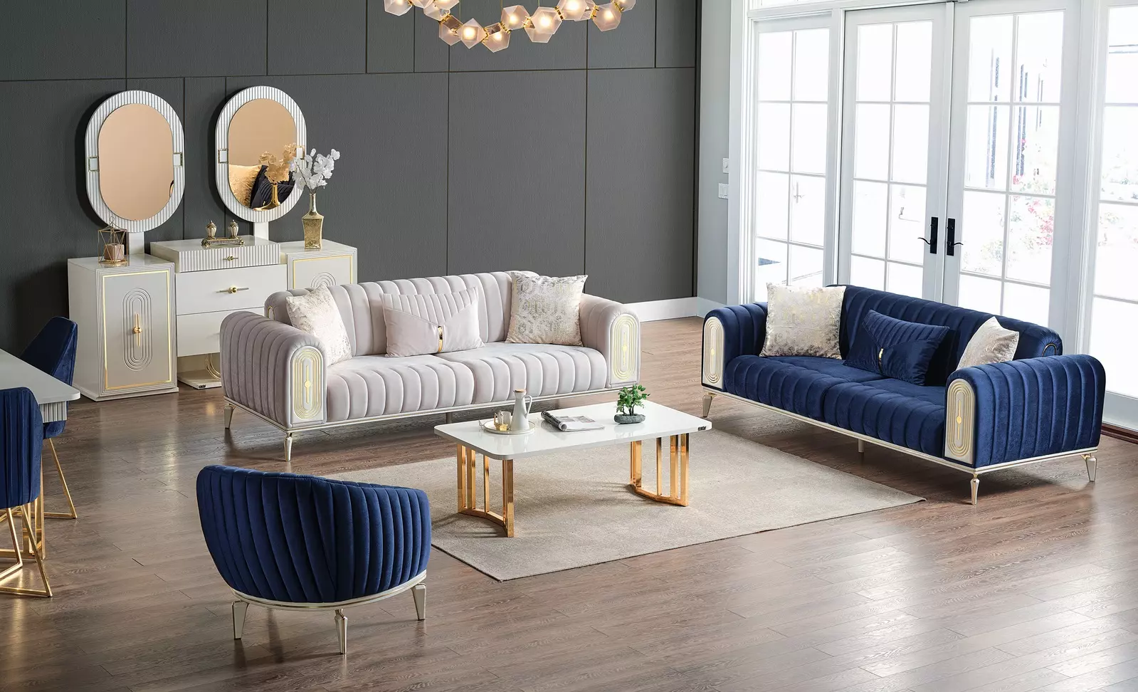 Sofagarnitur 3+3+1 Sitzer Wohnzimmer Set Komplett Sofa Sessel Blau
