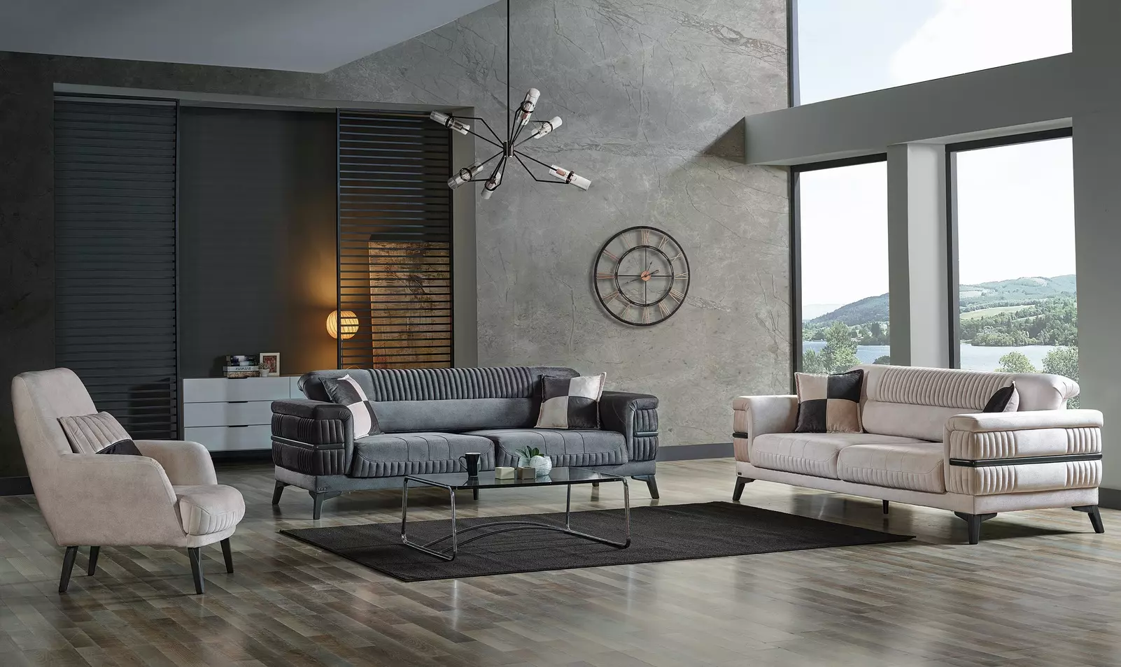 Sofagarnitur 3+3+1 Holz Wohnzimmer Luxus Sofa Modern Stoff Komplett