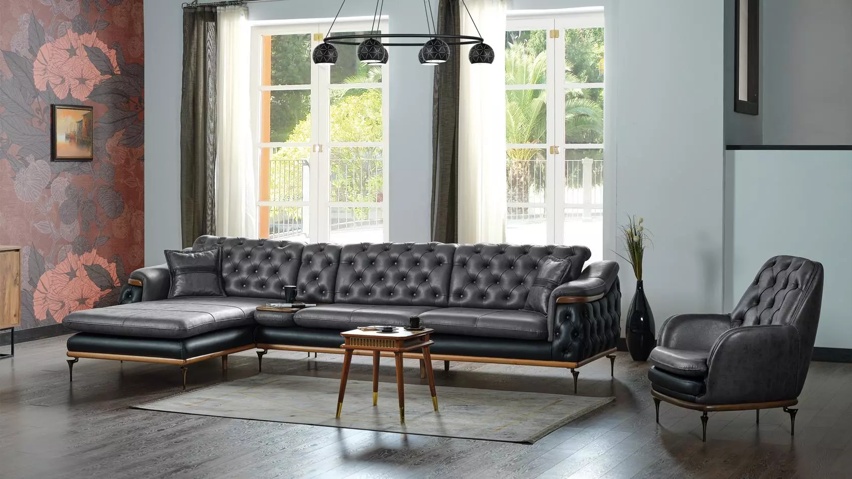 Schwarz Wohnzimmer Set Ecksofa L-Form Sessel Chesterfield Komplett