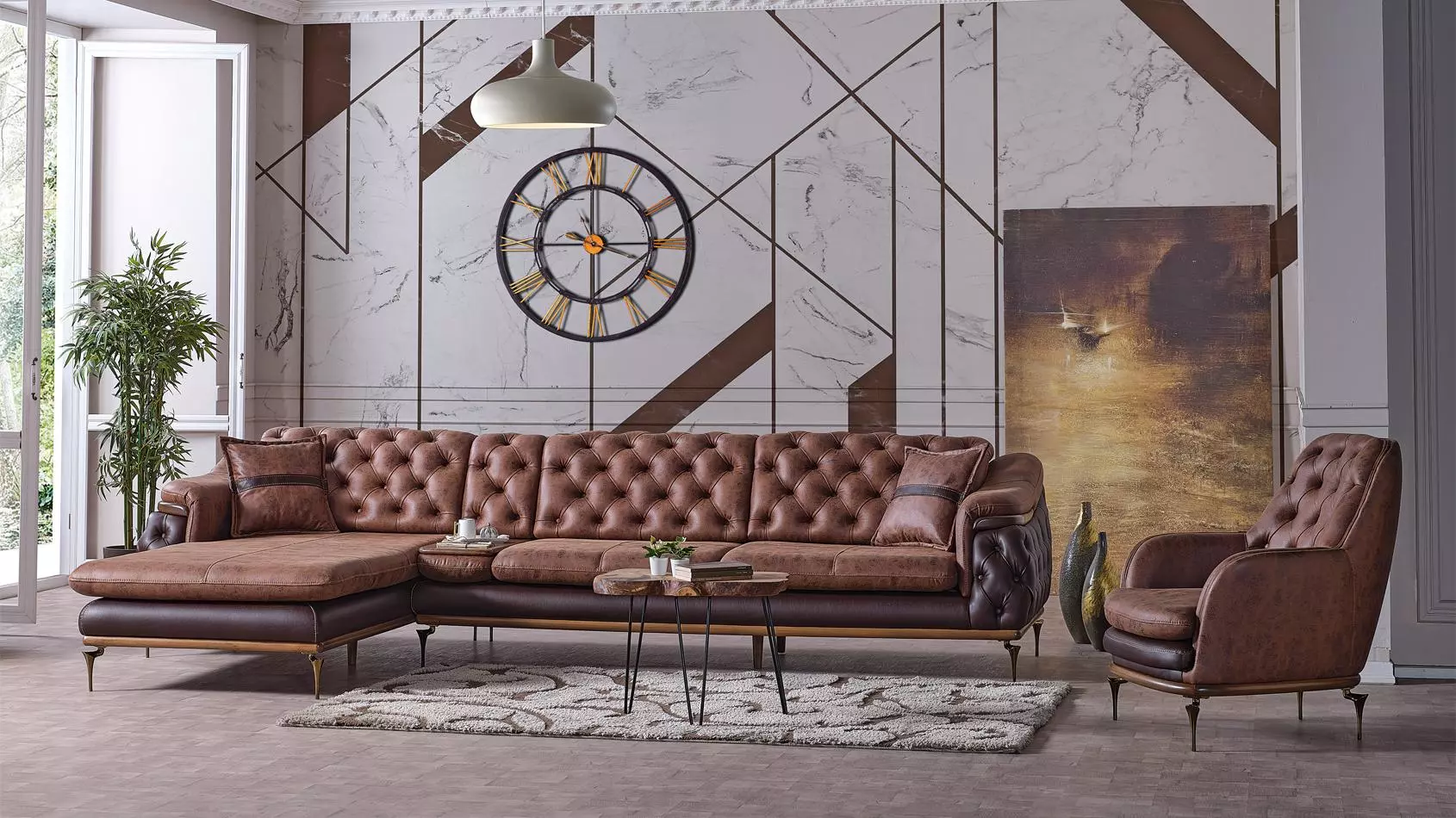 Ecksofa L-Form Sessel Braun Komplett Wohnzimmer Set 2tlg. Luxus Braun