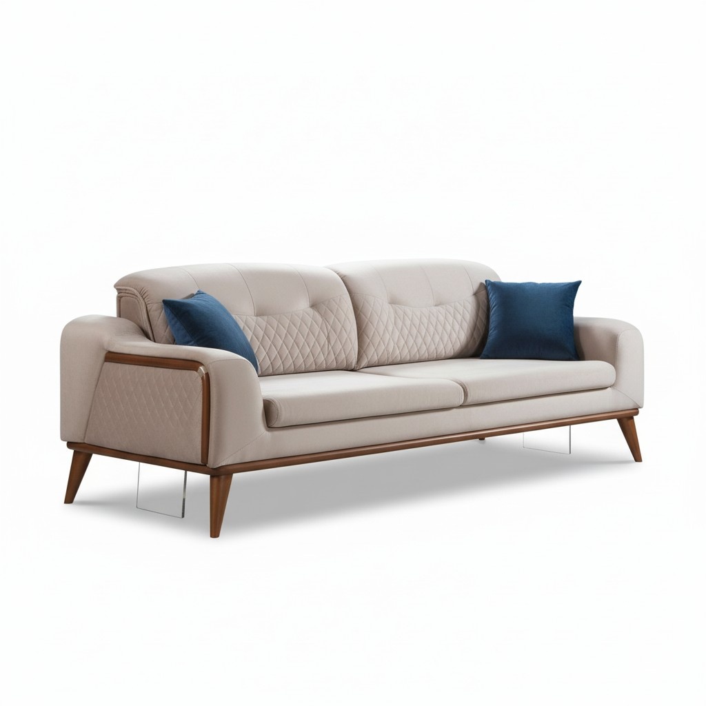Beige Couch Wohnzimmer Dreisitzer Sitzpolster Sofa Möbel Samt Holz