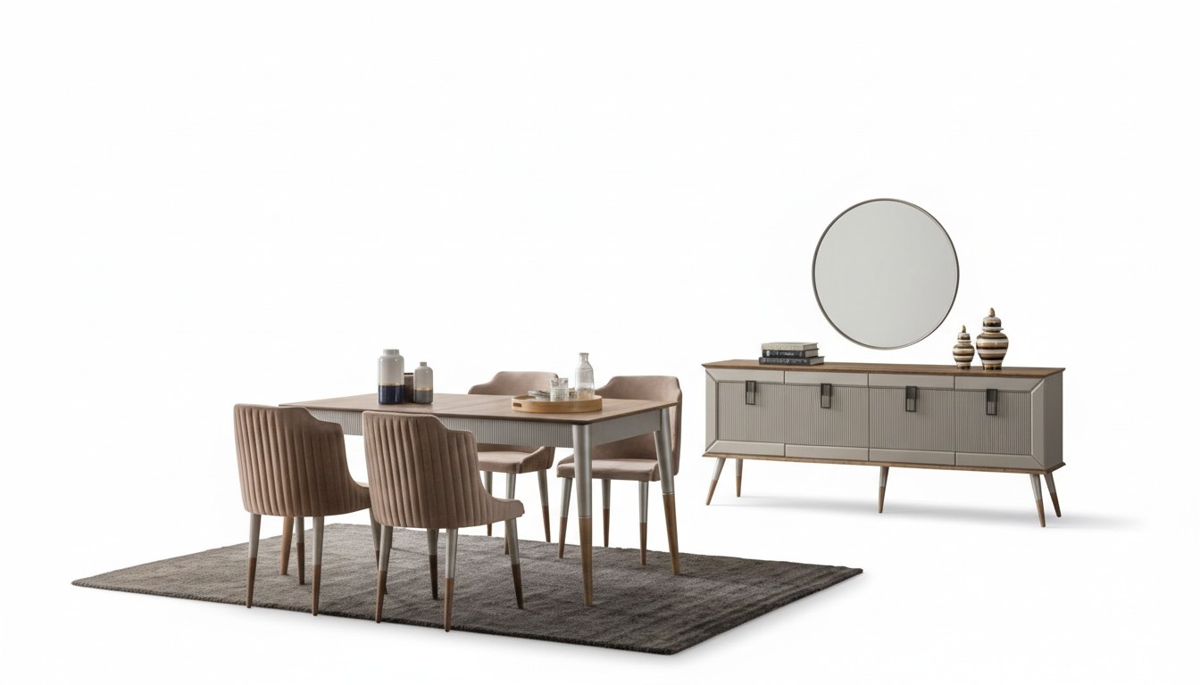 Beige Esszimmer Garnitur Rechteckiger Holz Tisch 6x Polsterstühle 7tlg