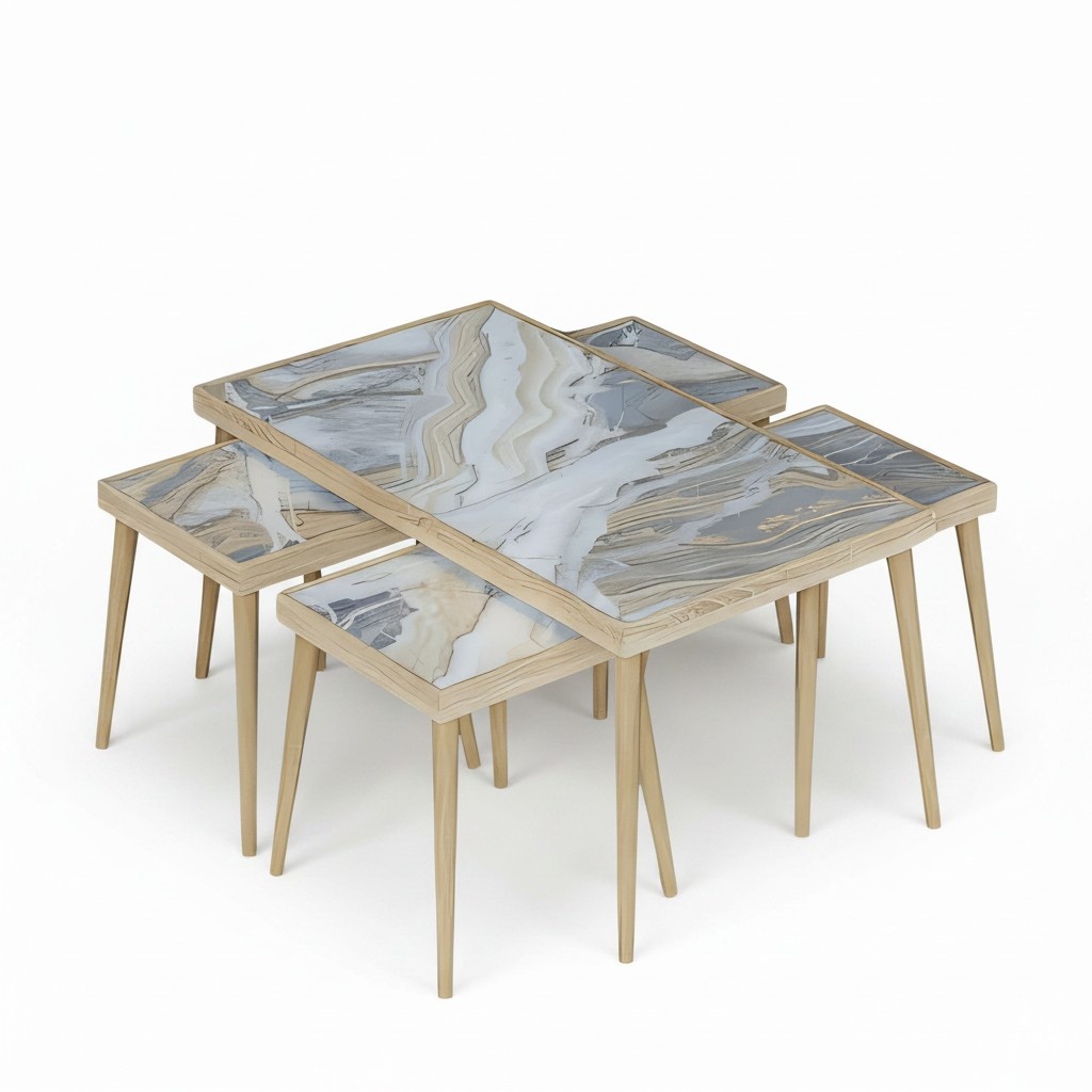 Design Couchtisch Set 5-teilig Marmor-Optik mit Holzbeinen