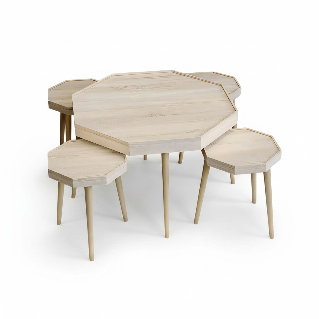 Beige Holz Couchtisch mit Beistelltischen Modernes Wohnzimmer Set
