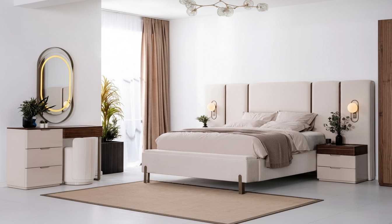 Beige Schlafzimmer Garnitur Edles Doppelbett Textil Hocker Schminktisch