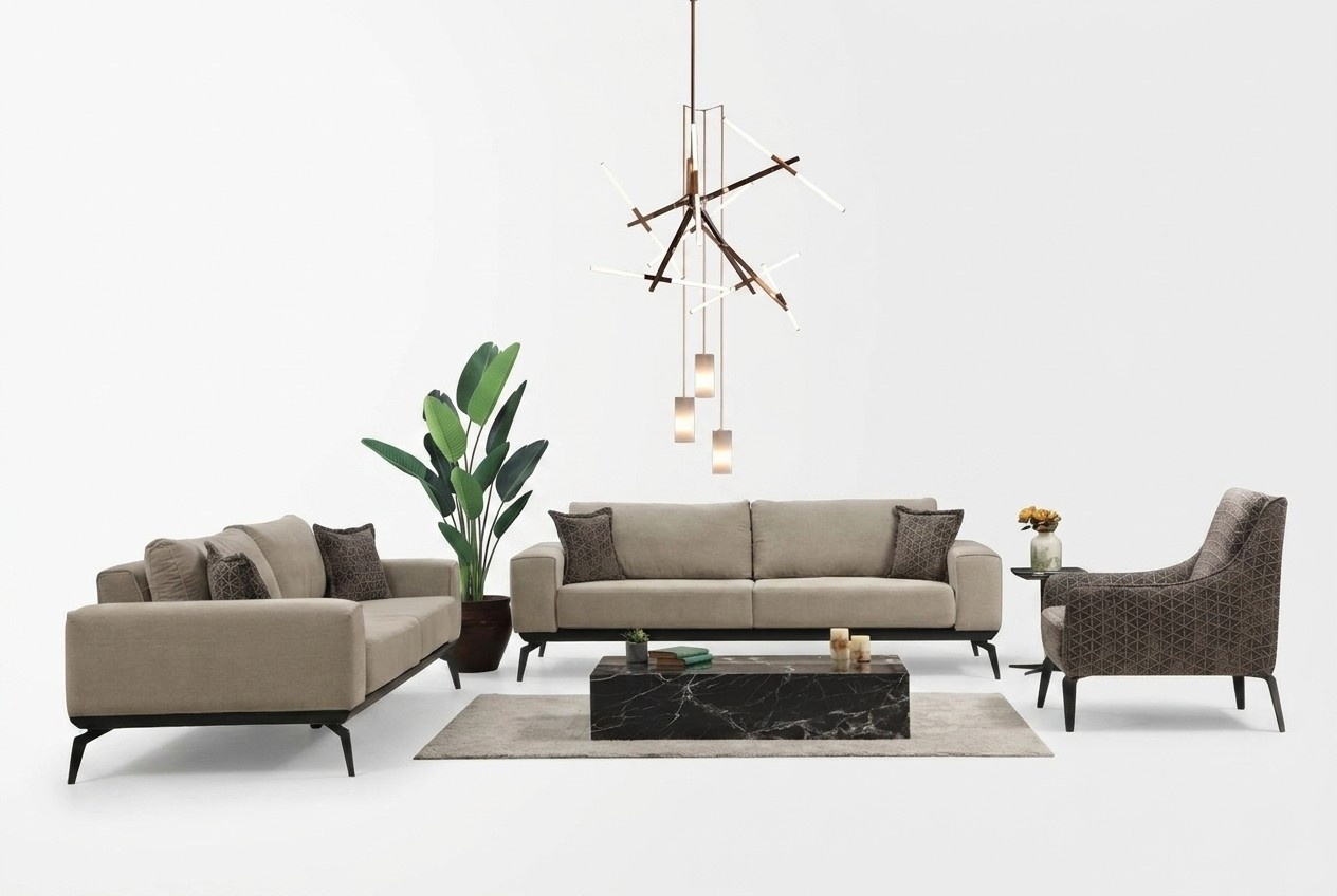 Beige Stoffsofas Komplette Garnitur Dreisitzer Polstersofas Lehnsessel