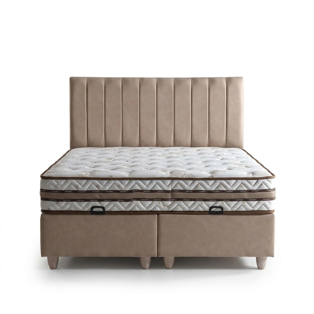 Beige Textilbett mit Matratze im eleganten Design