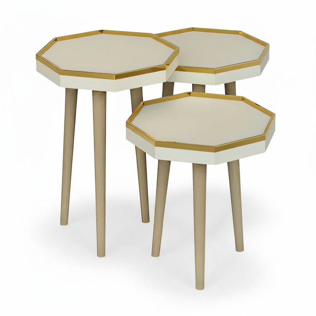Design Couchtisch Set 3-teilig Oktagonal mit Goldenen Akzenten