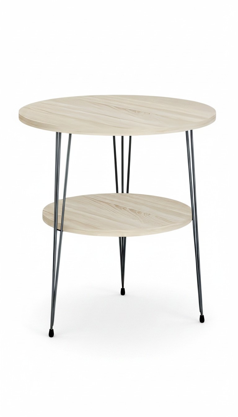 Design Couchtisch Rund mit Ablage Set - Holzoptik mit schwarzen Metallbeinen