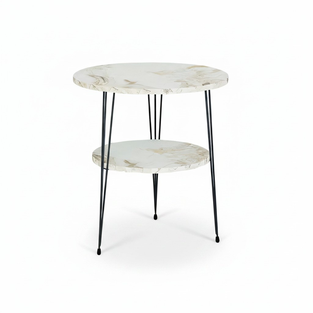 Design Couchtisch Rund mit Ablage Set - Marmoroptik mit schwarzen Metallbeinen