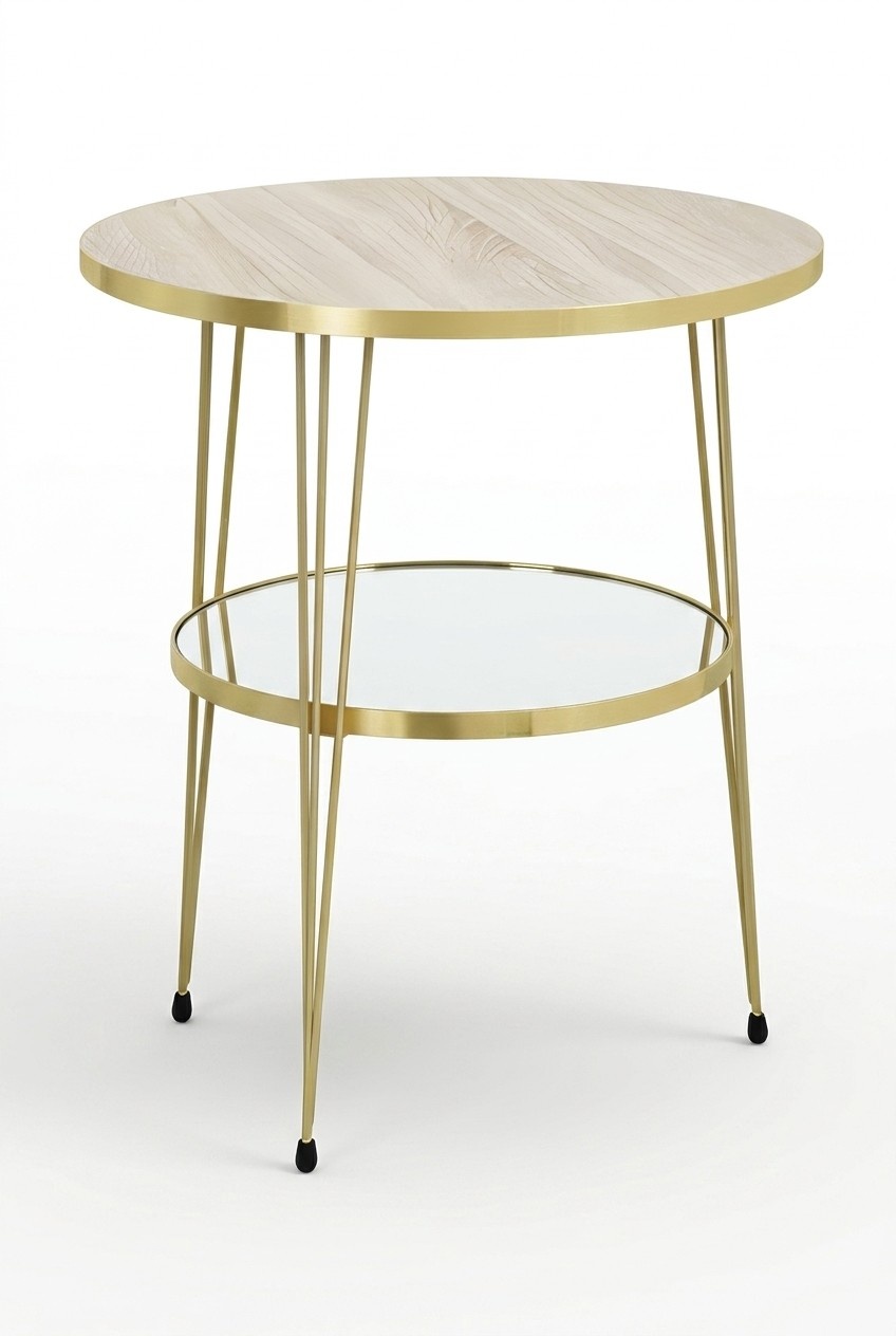 Design Couchtisch Rund mit Ablage Set - Holzoptik mit goldenen Metallbeinen