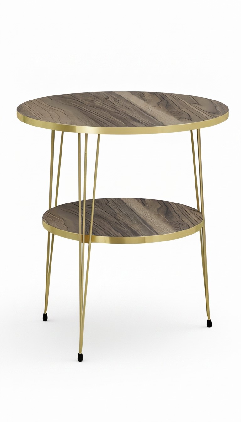 Design Couchtisch Rund mit Ablage Set - Holzoptik mit goldenen Metallbeinen