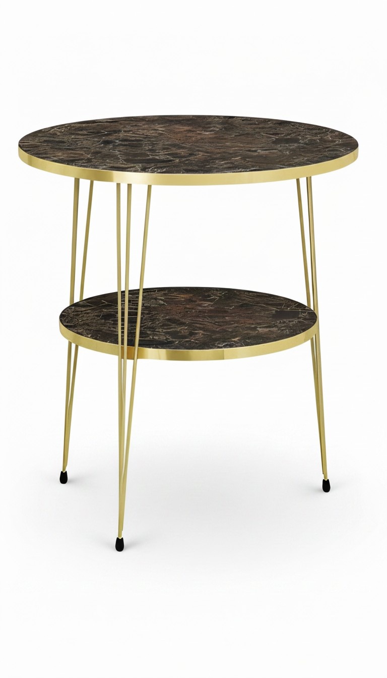 Design Couchtisch Rund mit Ablage Set - Dunkle Marmoroptik mit goldenen Metallbeinen