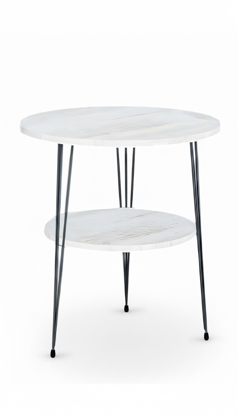 Design Couchtisch Rund mit Ablage Set - Weiß mit schwarzen Metallbeinen