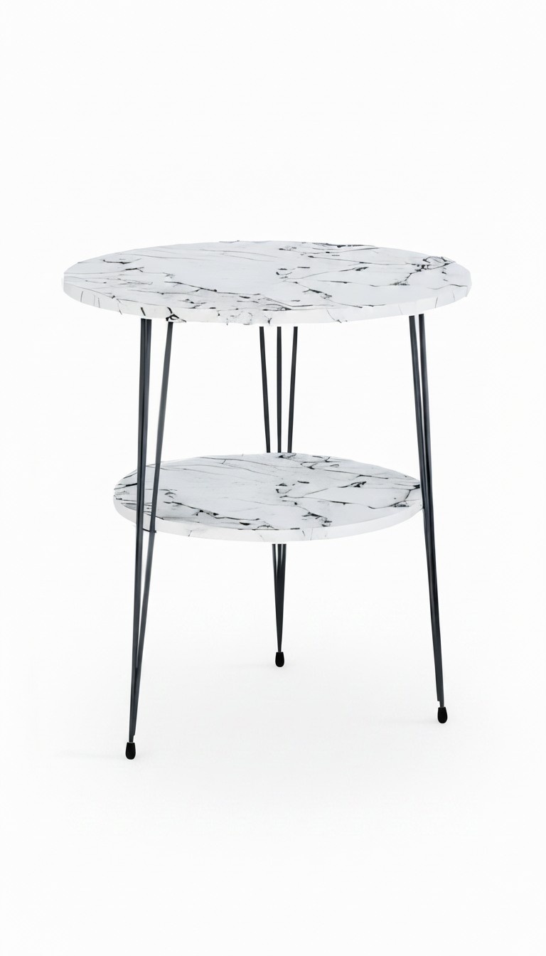 Design Couchtisch Rund mit Ablage Set - Weiße Marmoroptik mit schwarzen Metallbeinen