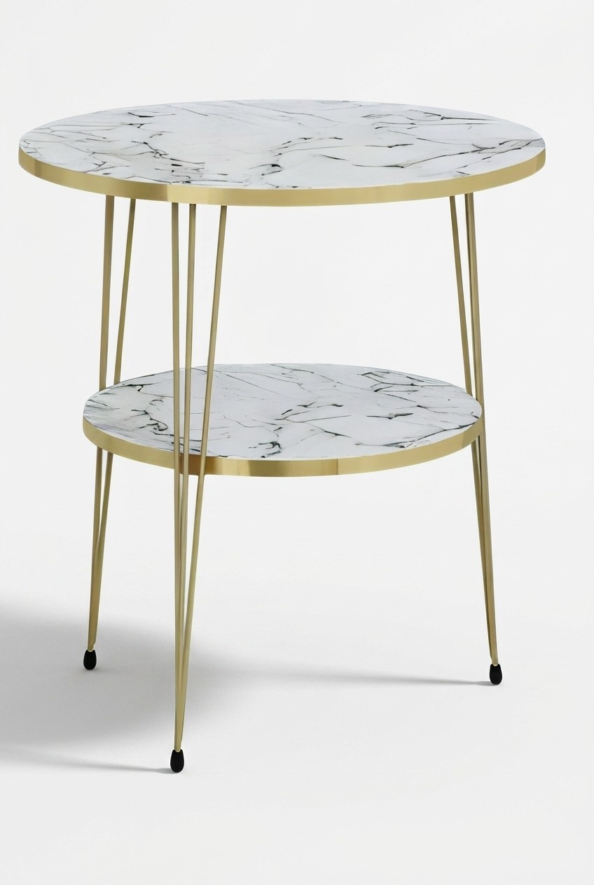 Design Couchtisch Rund mit Ablage Set - Marmoroptik mit goldenen Metallbeinen
