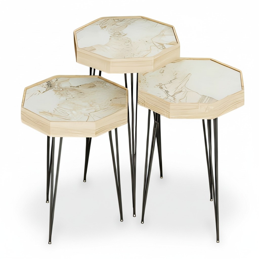 Design Beistelltisch Set Oktagon - Marmoroptik mit Holzrand und schwarzen Metallbeinen
