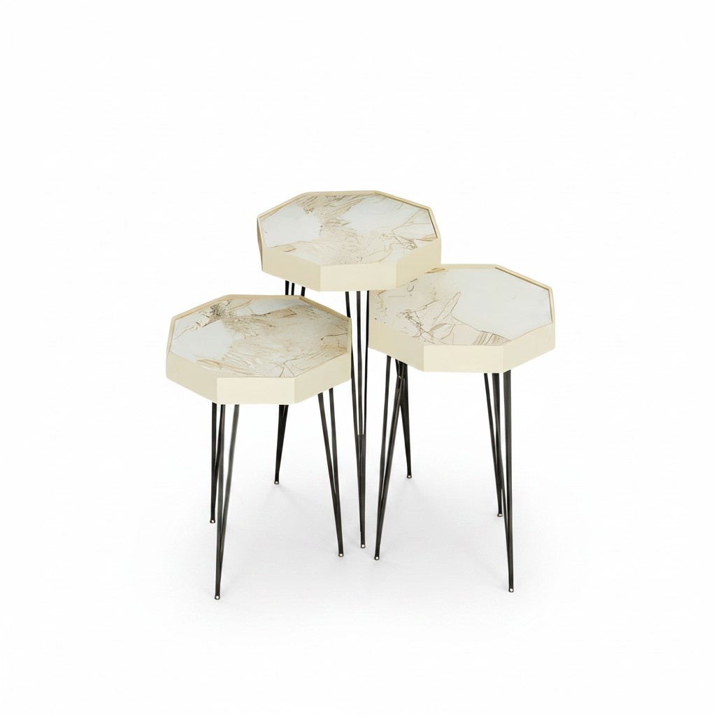Design Beistelltisch Set Oktagon - Marmoroptik mit schwarzen Metallbeinen