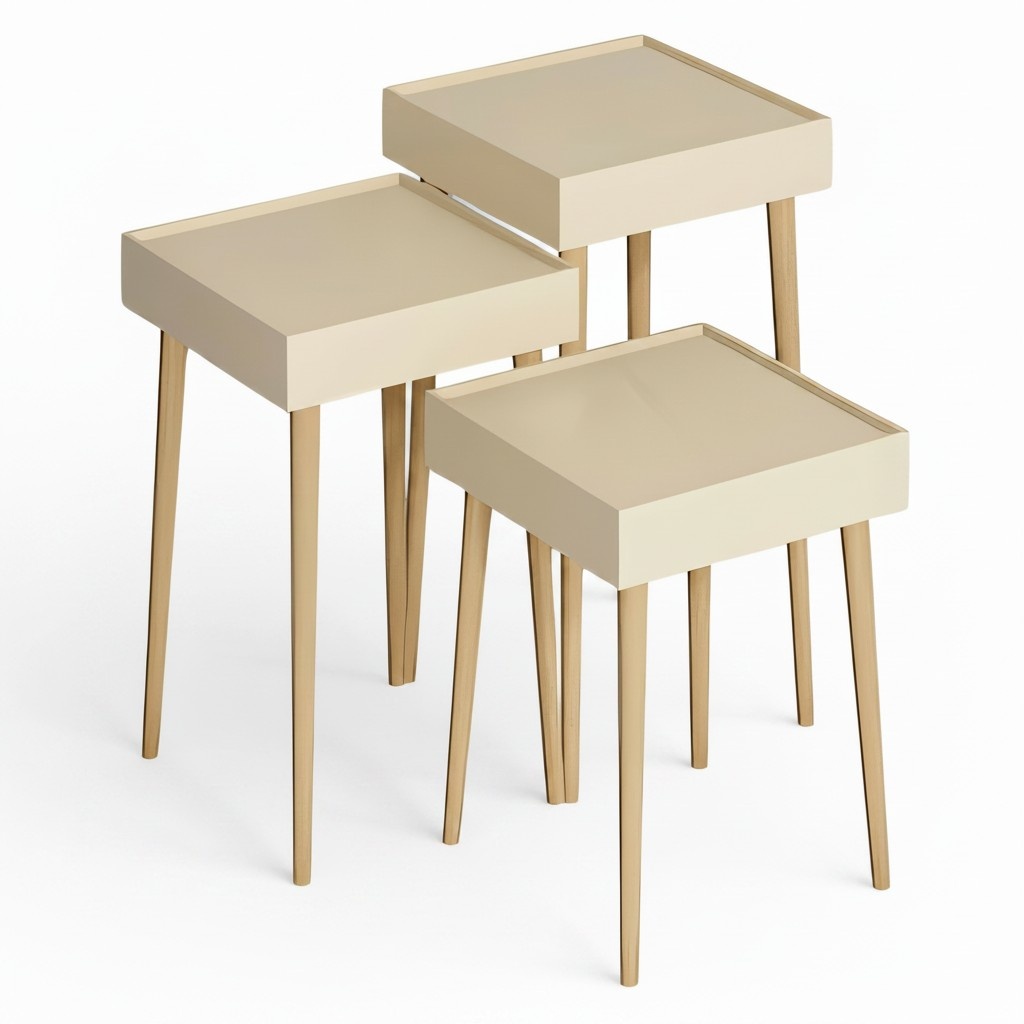 Design Beistelltisch Set Quadrat - Beige mit Holzbeinen