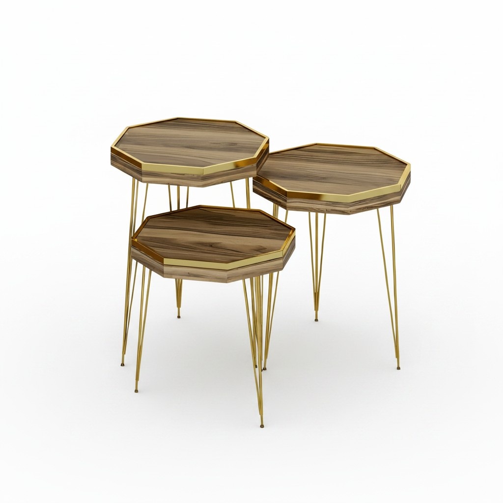 Design Beistelltisch Set - Oktagon Holzoptik mit goldenen Metallbeinen