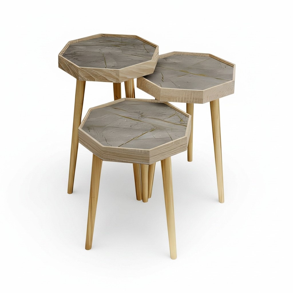 Design Beistelltisch Set Oktagon - Marmoroptik mit Holzbeinen