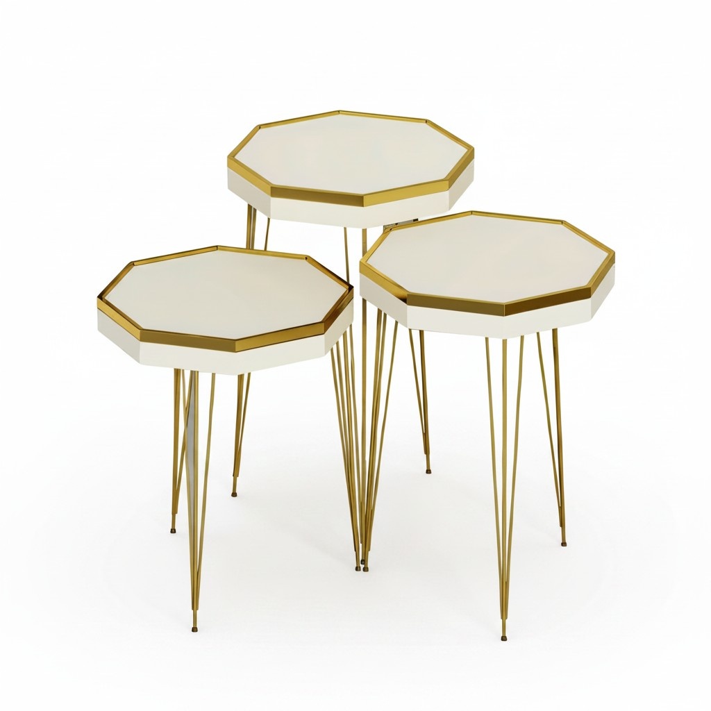 Design Couchtisch Set 3-teilig Oktagonal Weiß mit Goldenen Akzenten
