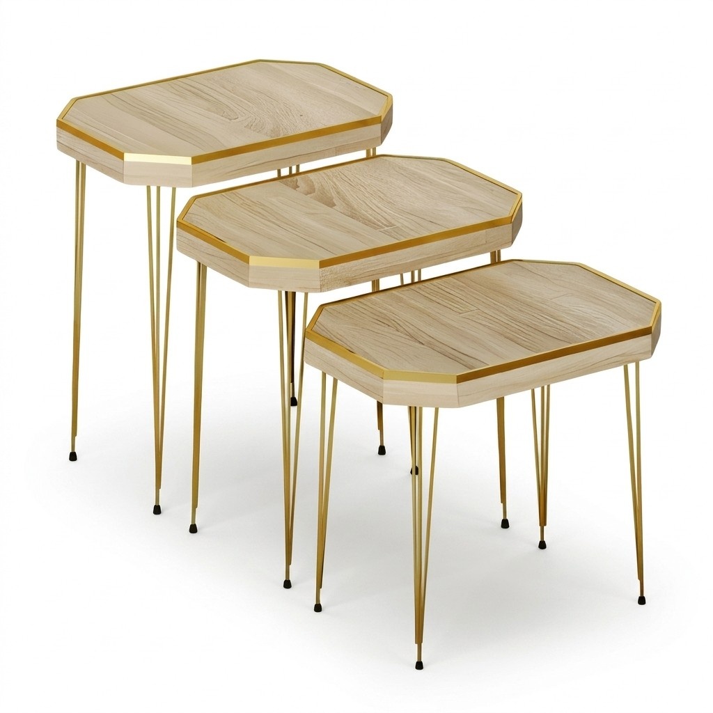Set von 3 Nesting Tischen mit Holzplatte und Goldakzenten